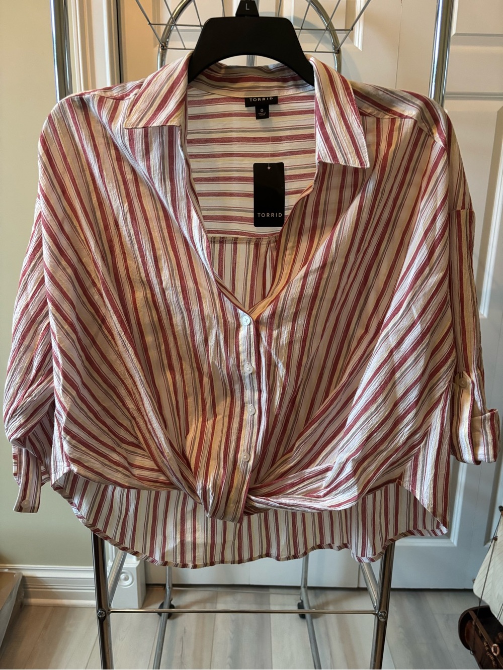 Torrid Red and Cream Striped Button-Front Tie-Hem Shirt NWT